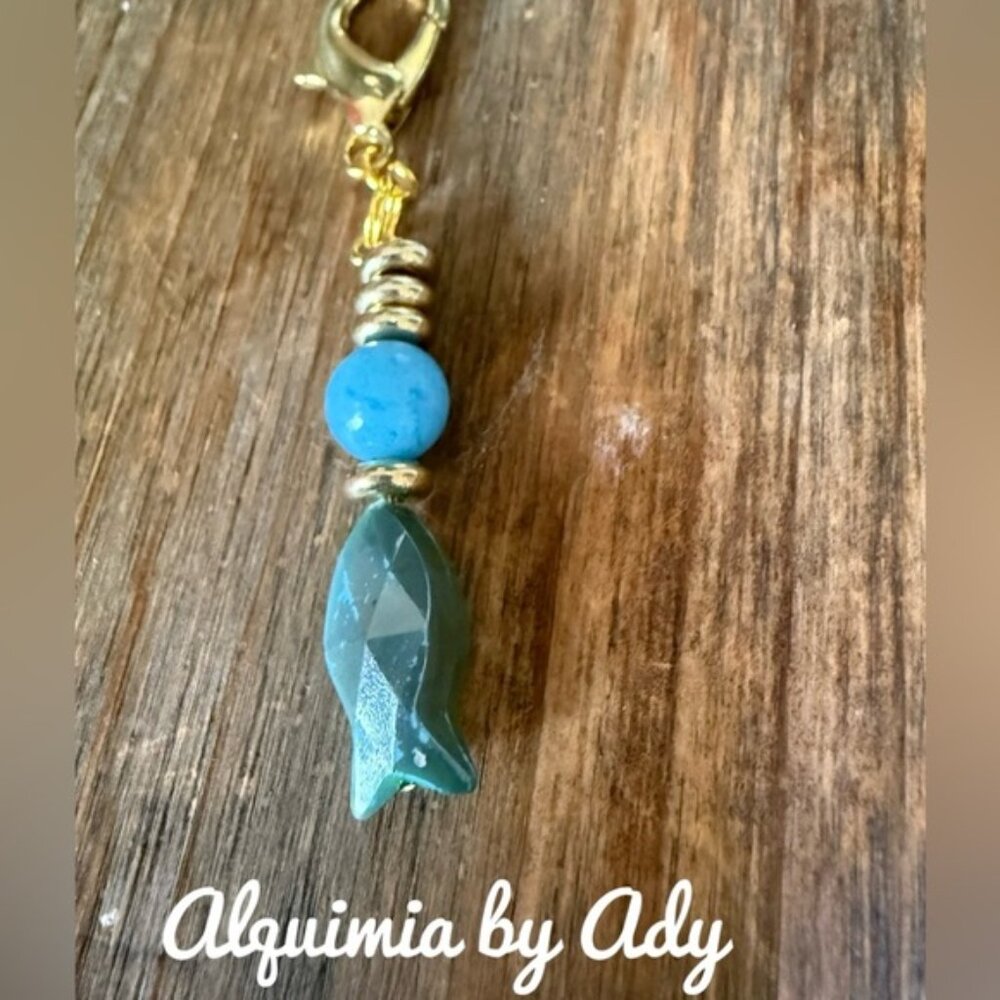 Sardine fish and aquamarine bag charm key card holder keychain